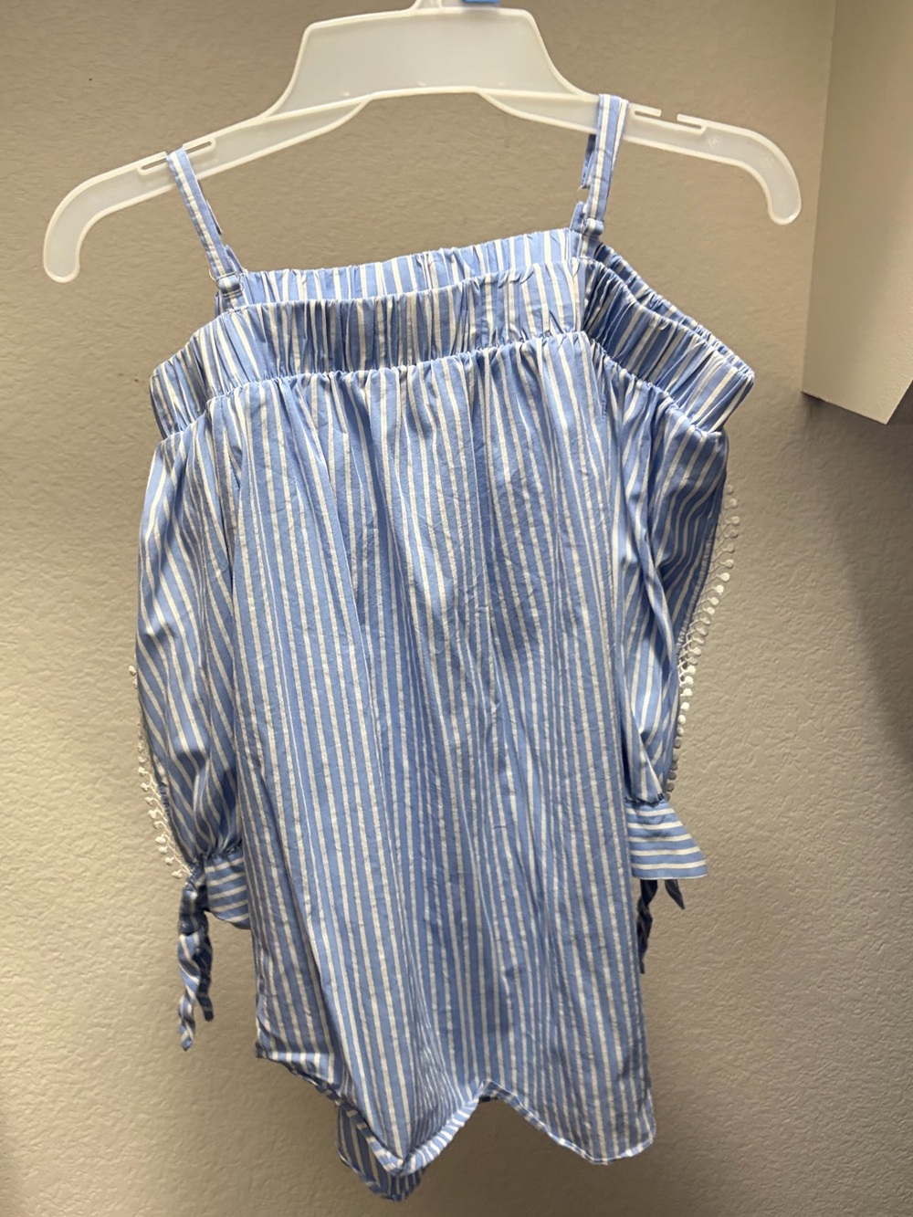 Women’s Blue Striped Off-Shoulder Tie Sleeve Top